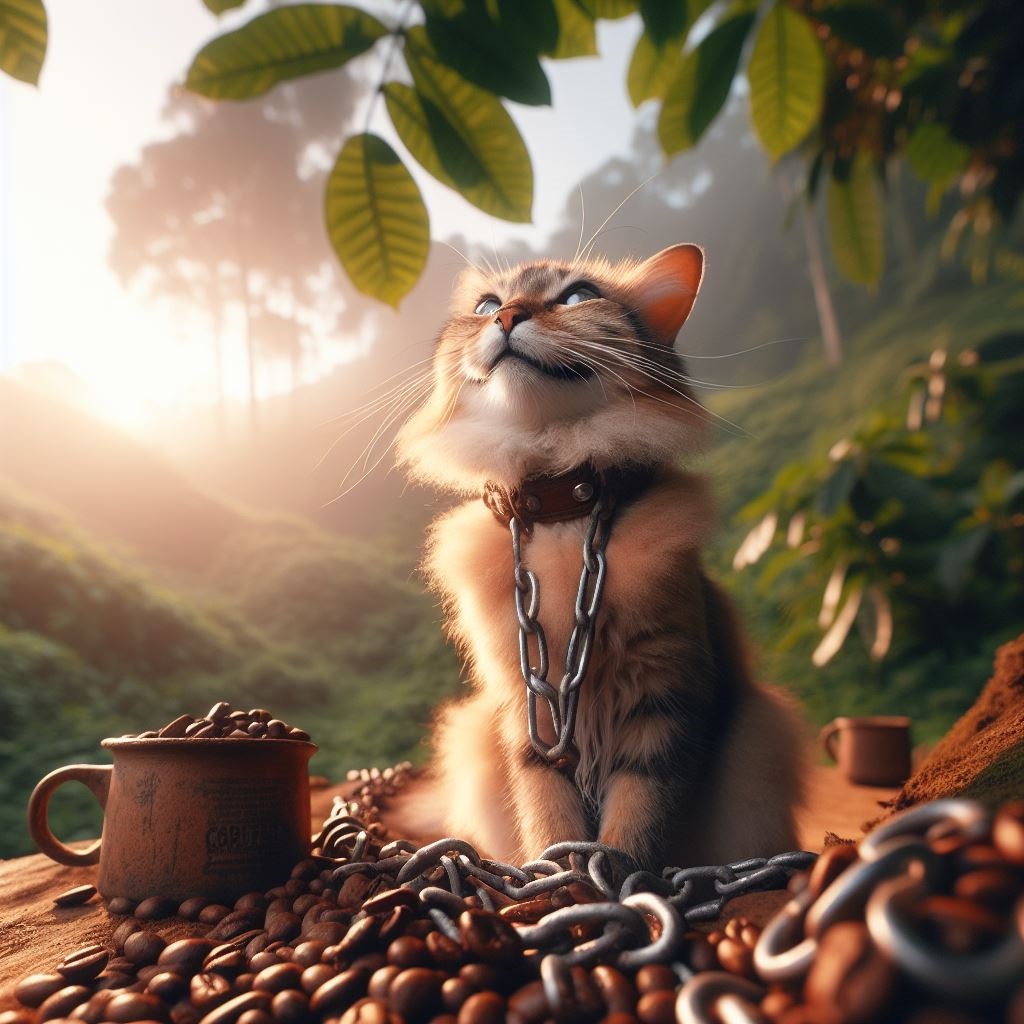 a cat being determined to break free from the chains of coffee